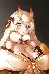  bare_shoulders black_nails blonde_hair breasts cleavage commentary_request eyelashes feather_hair_ornament feathers female fur-trimmed_scarf fur_trim hair_ornament haraya_manawari highres indie_virtual_youtuber large_breasts off_shoulder sanagi_yuzu scarf sleeves_past_wrists solo upper_body virtual_youtuber yellow_eyes 