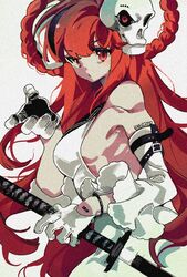  bare_shoulders braid breasts commentary detached_sleeves female gloves hair_ornament hand_up highres holding holding_sword holding_weapon long_hair looking_at_viewer makunqaq original red_eyes red_hair sideboob simple_background skull_hair_ornament solo sword symbol-only_commentary weapon white_background white_gloves 