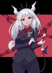  arm_under_breasts ass_visible_through_thighs black_necktie black_pants black_suit blunt_bangs chains commentary cowboy_shot cup demon_girl demon_tail drinking_glass english_commentary female formal gloves helltaker highres horns long_hair long_sleeves looking_at_viewer low-tied_long_hair lucifer_(helltaker) necktie outside_border pants red_eyes red_shirt shirt simple_background smile solo spiffydc suit tail twitter_username white_gloves white_hair white_horns wine_glass wing_collar 