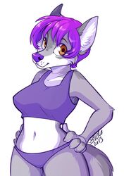  2013 alex_(strawberryneko) anthro breasts canid canine canis clothing countershading female fur gradient_hair grey_body grey_fur hair inner_ear_fluff mammal navel orange_eyes panties pink_hair purple_hair purple_nose short_hair simple_background smile solo strawberryneko tuft underwear white_background white_body white_countershading wolf 