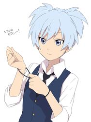  1boy ansatsu_kyoushitsu black_necktie blue_eyes blue_hair blue_vest buttons closed_mouth collared_shirt highres kunugigaoka_middle_school_uniform light_blue_hair looking_down male_focus necktie school_uniform sekina shiota_nagisa shirt short_hair simple_background sleeves_past_elbows sleeves_rolled_up smile solo tsurime two_side_up upper_body vest white_background white_shirt wristband 