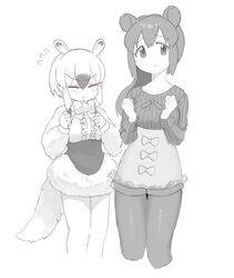  2girls :t animal_ears anteater_ears anteater_tail bad_id bad_pixiv_id bow bowtie center_frills clenched_hands closed_eyes commentary cropped_legs extra_ears flying_sweatdrops frills greyscale hair_between_eyes kemono_friends kona_ming long_hair long_sleeves looking_at_viewer malayan_tapir_(kemono_friends) monochrome multicolored_hair multiple_girls pantyhose pout short_hair simple_background southern_tamandua_(kemono_friends) tail white_background 