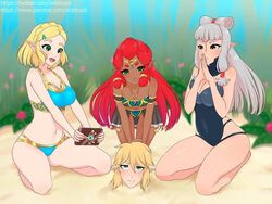  1boy 3girls alternate_version_available beach belly big_breasts bikini blonde_hair blue_eyes blush blushing breasts dark-skinned_female dark_skin draltruist elf_ears gerudo gray_eyes green_eyes hair hair_clip hylian kneeling legs link link_(tears_of_the_kingdom) long_hair long_red_hair long_white_hair medium_breasts nintendo one_piece_swimsuit patreon_url paya_(the_legend_of_zelda) princess_zelda red_hair riju sand sheikah sheikah_slate short_blonde_hair short_hair small_breasts taking_picture tears_of_the_kingdom the_legend_of_zelda tiara twitter_url water white_hair zelda_(tears_of_the_kingdom) 