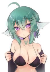  1girls bikini bikini_top black_bikini breasts busty cleavage female female_only finana_ryugu fins green_hair head_fins headfins ivie light-skinned_female light_skin looking_at_viewer neck_tattoo nijisanji nijisanji_en short_hair shortstack simple_background solo undressing virtual_youtuber wet wet_body wet_breasts wet_hair wet_skin white_background 