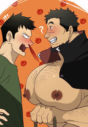  2boys aroused bara bara_tiddies bara_tits big_breasts big_pecs black_hair black_shirt blush breasts ducka-98 gay green_shirt huge_pecs jack-o&#039;-lantern large_pectorals male/male male_only massive_pecs nosebleed open_shirt pecs popped_collar presenting_breasts rope scar skull smile surprised 