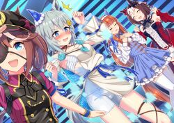  4girls ^^^ animal_ears baobhan_sith_(fate) baobhan_sith_(fate)_(cosplay) black_bow black_bowtie black_necktie blue_eyes blunt_bangs blunt_ends bodice bow bowtie bright_pupils brown_hair chest_sarashi commentary_request cosplay cowboy_shot detached_sleeves dress ear_covers embarrassed eyepatch fate/grand_order fate_(series) flower green_hair hair_between_eyes hair_flower hair_ornament hair_ribbon hairband half_up_braid hands_on_own_chest hat highres horse_ears horse_girl horse_tail kitou_akari kouno_marika layered_skirt long_hair long_sleeves looking_down melusine_(fate) melusine_(fate)_(cosplay) multicolored_hair multiple_girls mysterious_ranmaru_x_(fate) mysterious_ranmaru_x_(fate)_(cosplay) necktie orange_hair peaked_cap red_dress red_ribbon ribbon saitou_machiko sarashi seiun_sky_(umamusume) short_hair short_necktie shorts sideless_outfit sidelocks silence_suzuka_(umamusume) single_ear_cover skirt special_week_(umamusume) streaked_hair striped_clothes striped_hairband sweatdrop tail tokai_teio_(umamusume) two-tone_hair umamusume utsumi_erice utsumi_erice_(cosplay) utsumi_erice_(lancer) voice_actor_connection waki_azumi white_hairband white_shorts zenrakishi 