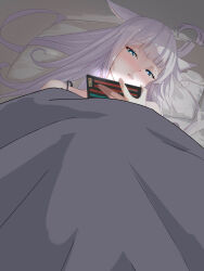  absurdres animal_ears blue_eyes bra breasts cat_ears cat_girl character_request dch6898013 female female_masturbation final_fantasy final_fantasy_xiv highres large_breasts long_hair lying masturbation navel on_bed panties phone stealth_masturbation under_covers underwear very_long_hair white_hair 