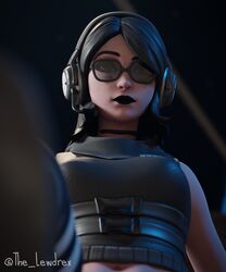  1girls 3d alternate_version_available athletic athletic_female black_hair black_lipstick blender breasts close-up clothed clothing epic_games female female_focus female_only fortnite glasses goth goth_girl headgear headphones headset highres jawbreaker_(fortnite) lewdrex light-skinned_female light_skin lipstick long_hair looking_at_viewer looking_down medium_breasts shirt small_breasts solo solo_focus standing sunglasses tinted_eyewear topwear vest viewed_from_below watermark 