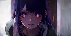  ai_generated anyanythingarts blush cute green_shirt hoshino_ai looking_at_viewer oshi_no_ko purple_eyes purple_hair smile symbol-shaped_pupils 