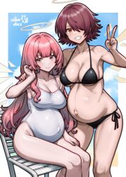  2girls absurdres alternate_breast_size_(larger) angel arknights artist_name bikini black_bikini blue_sky border breasts chair cleavage closed_mouth commentary commission covered_navel detached_wings english_commentary exusiai_(arknights) feet_out_of_frame hair_over_one_eye halo highres large_breasts lemuen_(arknights) long_hair looking_at_viewer multiple_girls navel on_chair one-piece_swimsuit orange_eyes outie_navel pink_eyes pink_hair pregnant red_hair rotomdocs short_hair siblings sisters sitting sky smile stomach swimsuit thighs v very_long_hair white_border white_one-piece_swimsuit wings 
