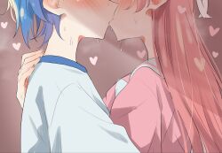  2girls blue_hair blush brown_background commentary french_kiss hanasato_minori heart highres hug kiritani_haruka kissing long_hair multiple_girls nuooooodoomo pink_hair pink_shirt project_sekai shirt short_hair sweat upper_body white_shirt yuri 