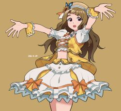  beret breasts brown_background brown_eyes brown_hair butterfly_hair_ornament commentary_request cowboy_shot dated female flower frilled_skirt frills hair_flower hair_ornament hat idolmaster idolmaster_million_live! idolmaster_million_live!_theater_days jacket long_hair looking_at_viewer midriff miyao_miya official_alternate_costume open_mouth outstretched_arms plaid_clothes plaid_jacket plaid_wrist_cuffs puffy_short_sleeves puffy_sleeves short_sleeves simple_background skirt solo standing tarako_oniyon white_skirt wrist_cuffs yellow_wrist_cuffs 