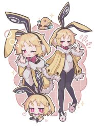  :d :o ;o \||/ animal_ear_hairband animal_ears black_hairband black_pantyhose blonde_hair blush_stickers border bow bowtie brown_background closed_mouth commentary covered_navel disgaea earmuffs fake_animal_ears female full_body fur-trimmed_jacket fur-trimmed_sleeves fur_trim grid_background hairband hand_up highres jacket jitome leotard long_sleeves looking_at_viewer multiple_views one_eye_closed open_clothes open_jacket open_mouth outline outside_border pantyhose pink_bow pink_bowtie pink_eyes rabbit_ear_hairband rabbit_ears scarf short_hair slippers smile sparkle squeans standing suaman thick_eyebrows usalia_(disgaea) waving white_border white_jacket white_leotard white_outline white_scarf white_slippers 