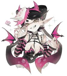  black_collar black_dress black_hair bow-shaped_hair breasts callie_(splatoon) chest_harness claw_pose cleavage clothing_cutout collar commentary_request cropped_torso cross-shaped_pupils demon_horns demon_wings detached_sleeves dress earrings fake_horns fangs female fingernails frilled_leotard frills gradient_hair hair_ornament harness heart highres horns inkling jewelry large_breasts leotard long_fingernails long_hair long_pointy_ears looking_at_viewer mole mole_under_eye multicolored_hair navel_cutout pale_skin parted_lips pink_hair pink_nails pointy_ears see-through_clothes simple_background sleeves_past_wrists smile solo sparkle spiked_collar spikes splatoon_(series) strapless striped_sleeves sushi_hair_ornament symbol-shaped_pupils teeth tentacle_hair togetoge very_long_hair white_background wings wrist_belt yellow_eyes 