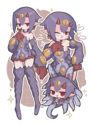  :d ;d bare_shoulders blush_stickers boots border brown_background chibi commentary desco_(disgaea) detached_sleeves disgaea double-parted_bangs dress female full_body gloves grid_background hand_up highres horns index_finger_raised jitome long_sleeves looking_at_viewer multiple_views oerba_yun_fang one_eye_closed open_mouth outline outside_border pointy_ears purple_boots purple_dress purple_hair purple_sleeves red_eyes red_gloves red_horns short_dress short_hair sidelocks smile standing strapless strapless_dress suaman thigh_boots v-shaped_eyebrows white_border white_outline zettai_ryouiki 