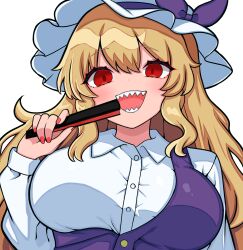  absurdres alternate_breast_size_(larger) blonde_hair breasts buttons collared_shirt cropped_torso dress empty_eyes female fingernails hair_between_eyes hand_fan hand_up hat hat_ribbon highres holding holding_fan kukurukurukuru large_breasts long_hair long_sleeves looking_at_viewer mob_cap nail_polish open_mouth pinafore_dress puffy_long_sleeves puffy_sleeves purple_dress purple_ribbon red_eyes red_nails ribbon sharp_teeth shirt sidelocks simple_background sleeveless sleeveless_dress smile solo teeth tongue touhou upper_body watatsuki_no_toyohime wavy_hair white_background white_hat white_shirt 