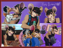  absurd_res anthro arm_tuft athletic_wear australian_shepherd backpack big_ears black_clothing black_hair black_shirt black_topwear blue_clothing blue_shirt blue_topwear bodily_fluids breast_squish breasts brown_body brown_eyes brown_fur buckteeth canid canine canis cheek_tuft chest_tuft clothing domestic_dog drooling duo ear_piercing ear_ring english_text exercise facial_piercing facial_tuft female food fur gesture go-two gym hair hand_gesture happy herding_dog hi_res hug kerchief licking mammal menu multiple_images multiple_poses murid murine muscular neckerchief neckwear nose_piercing nose_ring pancake pastoral_dog piercing pink_nose pose purple_eyes rat rat_ears rat_tail red_eyelids ring_piercing rodent saliva sheepdog shirt shoulder_tuft smile smug solo sparkles squish tail tan_body tan_fur teeth text tongue topwear tuft v_sign weightlifting weights white_clothing white_shirt white_topwear wince workout wristband 