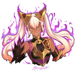  armpits aura bare_shoulders black_dress bodystocking breasts cleavage commentary corruption cropped_torso dark-skinned_female dark_skin detached_sleeves dress english_commentary feather_trim female fire_emblem fire_emblem_heroes frown gradient_hair hair_ornament half-closed_eyes laevatein_(fire_emblem) long_hair looking_at_viewer medium_breasts meziosaur multicolored_hair orange_hair parted_lips pink_hair purple_aura red_eyes simple_background sleeveless sleeveless_dress solo twintails upper_body white_background 