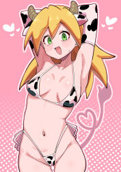  absurdres animal_print arms_behind_head bikini black_bikini black_gloves blonde_hair blush breasts buzzlyears commentary cow_print cow_print_bikini cow_print_gloves cowboy_shot elbow_gloves female gloves green_eyes heart highres medium_hair mega_man_(series) mega_man_legends_(series) multicolored_bikini multicolored_gloves pink_background polka_dot polka_dot_background print_bikini print_gloves roll_caskett_(mega_man) small_breasts solo swimsuit two-tone_bikini two-tone_gloves white_bikini white_gloves 