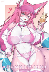  animal_ear_fluff animal_nose bare_shoulders bikini blue_eyes blush border breasts brown_background cameltoe cleavage commentary commission cowboy_shot crossed_bangs detached_collar detached_sleeves english_commentary fangs female food food_on_body food_on_breasts furry furry_female heart highres holding holding_ice_cream_cone ice_cream ice_cream_cone innertube jewelry large_breasts linea_alba long_hair looking_at_viewer mo_(k40633) multi-strapped_bikini_bottom navel necklace open_mouth original pink_fur pink_hair red_nails see-through_clothes sitting sleeves_past_wrists slingshot_swimsuit solo stomach swim_ring swimsuit tail teeth thick_thighs thighs two-tone_fur white_border white_fur wolf_girl wolf_tail 