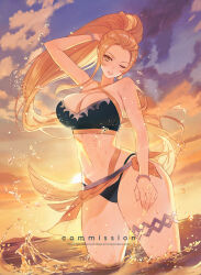  :d ;d alternate_costume arm_up armpit_crease armpits bare_arms bare_shoulders bikini blonde_hair blue_sky bracelet breasts cleavage cloud collarbone commentary commission criss-cross_halter female fire_emblem fire_emblem_engage green_bikini grin halterneck high_ponytail highres jade_(fire_emblem) jewelry large_breasts long_hair looking_at_viewer navel ocean one_eye_closed outdoors parted_lips ponytail sky smile solo stomach sumustard sunset swimsuit thick_thighs thighlet thighs very_long_hair wading water wide_hips yellow_eyes 