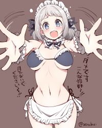  apron bikini blue_eyes blush breasts brown_background commentary_request female gakuen_idolmaster grey_hair hair_ribbon highres idolmaster katsuragi_lilja looking_at_viewer maid maid_apron maid_bikini maid_headdress medium_breasts navel open_mouth ribbon serebi_ryousangata short_hair simple_background solo swimsuit tears translation_request twitter_username unconventional_maid white_apron wrist_cuffs 