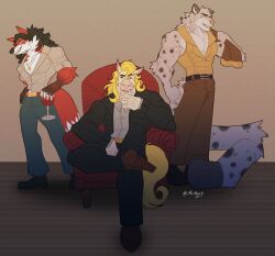  anthro bio_in_description black_nose blonde_hair boots bottomwear brown_hair canid canine clothed clothed_anthro clothed_male clothing equid equine felid footwear fox fur grey_body grey_fur group hair harry_snow horse jewelry lee_everhart male mammal markings mr.moy multicolored_body multicolored_fur necklace pantherine pants pink_nose red_body red_fur shirt shoes sitting snow_leopard spots spotted_body spotted_fur standing story story_in_description suit topwear trio two_tone_body two_tone_fur white_body white_fur wyatt_vanderbilt_iii 
