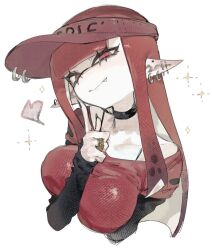  arm_between_breasts between_breasts black_choker black_hair black_sleeves blunt_bangs blunt_ends breasts choker closed_mouth commentary_request cropped_torso ear_piercing earrings female finger_to_cheek gradient_hair heart inkling inkling_girl inkling_player_character jewelry large_breasts layered_sleeves long_hair long_pointy_ears long_sleeves looking_at_viewer multicolored_hair oerba_yun_fang pale_skin piercing pointy_ears red_eyes red_hair red_shirt ring shirt short_over_long_sleeves short_sleeves simple_background sleeves_past_wrists slit_pupils solo sparkle splatoon_(series) stud_earrings tentacle_hair togetoge very_long_hair visor_cap white_background 