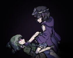  2others adagumo_no_saragimaru androgynous bags_under_eyes bare_legs bare_shoulders black_background black_hair black_hat black_kimono blue_shorts capelet chinese_commentary clenched_teeth clothing_cutout commentary_request face-to-face feet_out_of_frame foot_on_another's_neck frilled_headwear frilled_shorts frills from_side green_capelet green_hair green_vest hat high_ponytail highres hood hood_down hooded_jacket jacket japanese_clothes kimono len'en long_sleeves lying mob_cap multiple_others on_back on_one_knee open_clothes open_jacket other_focus other_with_other ponytail puffy_shorts purple_eyes purple_jacket purple_shoes red_eyes shaded_face shitodo_kuroji shoes short_hair short_kimono short_ponytail shorts shoulder_cutout simple_background sleeves_past_fingers sleeves_past_wrists socks teeth triangular_headpiece ujikawa_shiro vest vignetting white_shorts white_socks wide_sleeves 