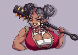  bead_necklace beads black_nails braid braided_base breasts bun_with_braided_base chest_sarashi club_(weapon) collarbone commentary cropped_arm cropped_torso dark-skinned_female dark_skin dih_pixels double_bun earrings english_commentary facial_mark female fur_trim grey_hair grin hair_bun horns ino_(waifusplit) jewelry kanabou large_breasts looking_at_viewer muscular muscular_female nail_polish necklace over_shoulder pixel_art pointy_ears sarashi simple_background single_horn sleeveless smile solo sphere_earrings spiked_club upper_body waifusplit weapon weapon_over_shoulder 