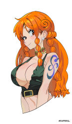  bare_shoulders blush braid breasts brown_eyes choker cleavage closed_mouth commentary crop_top cropped_torso daferq earrings female gold_choker highres jewelry large_breasts long_hair looking_at_viewer midriff multiple_braids nami_(one_piece) official_alternate_hairstyle one_piece orange_hair pearl_earrings shoulder_tattoo single_braided_sidelock smile solo tattoo twitter_username upper_body white_background 