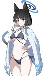  absurdres animal_ear_fluff animal_ears ass_visible_through_thighs bikini black_choker black_eyes black_hair blue_archive blue_bikini blue_halo blue_haori blush breasts bright_pupils cat_ears cat_tail choker collarbone commentary_request cowboy_shot criss-cross_halter female frown halo halterneck hand_on_own_hip haori highleg highleg_bikini highres japanese_clothes kikyou_(blue_archive) kikyou_(swimsuit)_(blue_archive) looking_at_viewer medium_breasts medium_hair mili_mli navel official_alternate_costume side-tie_bikini_bottom sidelocks simple_background solo standing stomach string_bikini swimsuit tail thighs underboob white_background white_pupils 