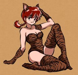  :3 animal_ears animal_hands animal_print bare_shoulders braid breasts brown_background cleavage closed_mouth female full_body highres leg_up luuxiriver ranma_1/2 red_hair saotome_ranma saotome_ranma_(female) single_braid sitting smile solo striped_fur tiger_ears tiger_girl tiger_paws tiger_print tiger_stripes 