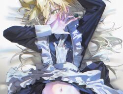  1boy alien_888 antenna_hair apron arm_up bed_sheet black_dress blonde_hair blush bottomless covering_own_mouth cowboy_shot crossdressing crossdressing_(mtf) dress eyes_visible_through_hair facial_mark frilled_dress frills gloves green_eyes hand_in_another's_clothes hand_over_own_mouth kuaidul_velgear long_hair looking_to_the_side lying maid male_focus male_maid midriff_peek navel on_back on_bed out-of-frame_censoring partially_unbuttoned partially_undressed spiked_hair sweatdrop turning_head undressing_another white_apron white_gloves yu-gi-oh! yu-gi-oh!_go_rush!! 