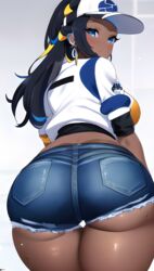  ai_generated baseball_cap big_ass blue_eyes booty_shorts dark-skinned_female jacket looking_back nessa_(pokemon) pokemon pokemon_ss rurina_(pokemon) shorts streetwear 