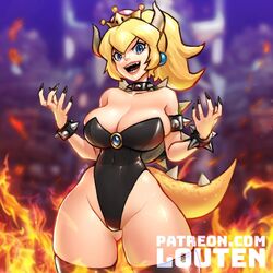  1girls big_breasts black_leotard black_nails blonde_hair blue_eyes bowsette colored female female_only fire horns hourglass_figure leotard louten mario_(series) nail_polish new_super_mario_bros._u_deluxe outdoors ponytail solo standing strapless strapless_leotard tail thick thick_thighs thighhighs thighs tied_hair zettai_ryouiki 