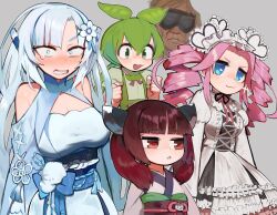  1boy 4girls :3 :d bare_shoulders black_sash blue_eyes blunt_bangs breasts brown_hair brown_sash center_frills cleavage clenched_hands curtained_hair double-parted_bangs dress drill_hair flat_chest flower flower_knot frilled_hairband frills green_hair grey_background hair_between_eyes hair_flower hair_ornament hairband hands_up highres japanese_clothes jpeg_artifacts juliet_sleeves kimono large_breasts lolita_fashion lolita_hairband long_hair long_sleeves low_ponytail manatsu_no_yo_no_inmu medium_breasts medium_hair multiple_girls obi obiage obijime open_mouth pea_pod pink_hair ponytail puffy_sleeves raichiyo red_eyes sash shikoku_metan smile suspenders takuya_(acceed) tassel touhoku_kiritan twin_drills utau v-shaped_eyebrows voiceroid voicevox white_dress white_flower white_hair white_hairband white_kimono whitecul zundamon 