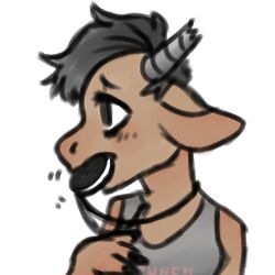  1:1 2019 anthro blush bovid bovine breasts broken_horn brown_body brown_fur cattle chest_tuft chew_toy chewing claws clothed clothing digital_media_(artwork) english_text female fur grey_clothing grey_hair grey_horn grey_shirt grey_tank_top grey_topwear hair hand_on_chest horn jewelry low_res mammal manitka manitka_storm necklace nose_blush shirt simple_background small_breasts solo stimming tank_top text text_on_clothing text_on_shirt text_on_tank_top text_on_topwear topwear tuft white_background 