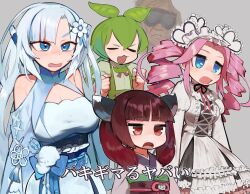  1boy 4girls :3 :d bare_shoulders black_sash blue_eyes blunt_bangs breasts brown_hair brown_sash center_frills cleavage clenched_hands curtained_hair double-parted_bangs dress drill_hair flat_chest flower flower_knot frilled_hairband frills green_hair grey_background hair_between_eyes hair_flower hair_ornament hairband hands_up highres japanese_clothes jpeg_artifacts juliet_sleeves kimono large_breasts lolita_fashion lolita_hairband long_hair long_sleeves low_ponytail manatsu_no_yo_no_inmu medium_breasts medium_hair multiple_girls obi obiage obijime open_mouth pea_pod pink_hair ponytail puffy_sleeves raichiyo red_eyes sash shikoku_metan smile suspenders takuya_(acceed) tassel touhoku_kiritan translation_request twin_drills utau v-shaped_eyebrows voiceroid voicevox white_dress white_flower white_hair white_hairband white_kimono whitecul zundamon 