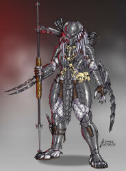  alien ambiguous_gender armor better_version_at_source claw_(weapon) claws clothing fishnet_clothing footwear full_armor headgear helmet hi_res humanoid melee_weapon polearm predator_(franchise) ronniesolano sandals shoes solo spear standing weapon wrist_blade yautja 