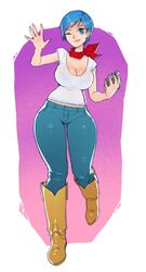  big_breasts blue_eyes blue_hair brown_boots bulma_briefs clothed colored dragon_ball dragon_ball_z dragon_radar female jeans louten short_hair smile thick thick_thighs tight_clothing white_shirt 