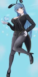  absurdres animal_ears black_jacket black_leotard blue_background blue_hair breasts cleavage dead_or_alive female fighting_game fishnet_pantyhose fishnets food full_body gloves high_heels highres jacket kula_diamond large_breasts leotard long_hair looking_at_viewer musuhi pantyhose purple_eyes rabbit_ears shaved_ice smile the_king_of_fighters white_gloves 