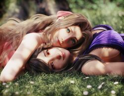  2girls 3d aerith_gainsborough aerith_gainsborough_(prism_dress) artist_name bare_shoulders black_hair blurry blurry_background breasts brown_hair cheek-to-cheek closed_mouth dress final_fantasy final_fantasy_vii final_fantasy_vii_remake flower green_eyes hair_ribbon heads_together highres large_breasts multiple_girls official_alternate_costume parted_bangs pink_dress pink_ribbon ponytail purple_dress purple_negligee red_eyes ria_(baka-neearts) ribbon sideboob sidelocks smile solarasona swept_bangs tifa_lockhart tifa_lockhart_(refined_dress) twitter_username upper_body white_flower yuri 