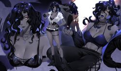  absurdres black_gloves black_hair black_wings blue_tongue bra breasts choker cleavage colored_inner_hair colored_skin colored_tongue cowboy_shot criss-cross_straps curly_hair face_piercing female fingerless_gloves from_behind full_body gentlenuey gloves grey_skin hair_over_one_eye highres jacket jewelry lip_piercing long_hair multicolored_hair multiple_views neck_tattoo necklace open_mouth original pants piercing shirt single_wing smile standing tattoo thigh_strap tied_shirt underwear upper_body white_shirt wings yellow_eyes 