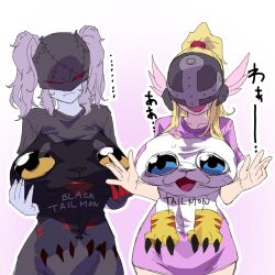  2girls angel_and_devil angewomon blacktailmon blonde_hair blue_eyes breasts colored_skin commentary_request covered_eyes demon_girl digimon digimon_(creature) fallen_angel feathered_wings gerusyu grey_skin helmet helmet_over_eyes highres ladydevimon large_breasts long_hair mask multiple_girls ponytail shirt simple_background t-shirt tailmon translation_request twintails winged_helmet wings yellow_eyes 