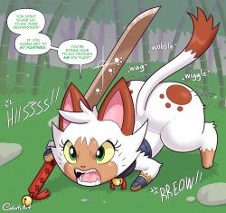  ambiguous_gender anthro biped brown_body brown_fur brown_tail capcom cobatsart dialogue exclamation_point felid felyne fur grass green_eyes hi_res jennifur_(cobatsart) lynian mammal monster_hunter multicolored_tail palico pink_nose plant solo sound_effects speech_bubble tail teeth tongue white_body white_fur white_tail yellow_sclera 