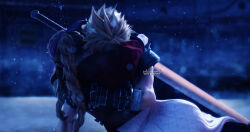  1boy 3d absurdres aerith_gainsborough arm_around_back arm_around_neck armor armored_gloves artist_name bandaged_arm bandages braid braided_ponytail buster_sword cloud_strife cropped_jacket dress female final_fantasy final_fantasy_vii final_fantasy_vii_remake hair_ribbon highres hug jacket pauldrons pink_dress pink_ribbon red_jacket ribbon sharp_teeth short_hair shoulder_armor sidelocks single_braid single_pauldron solarasona teeth weapon weapon_on_back 