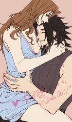  1boy aerith_gainsborough bare_arms bare_shoulders black_hair blue_dress breasts brown_hair cleavage closed_eyes couple cowboy_shot crisis_core_final_fantasy_vii dated dress female final_fantasy final_fantasy_vii green_eyes hand_on_another&#039;s_neck hand_on_another&#039;s_waist heart highres long_hair looking_at_another medium_breasts parted_bangs parted_lips pink_background profile ribbed_sweater sitting sitting_on_lap sitting_on_person sleeveless sleeveless_turtleneck spiked_hair sweater turtleneck turtleneck_sweater yidanqiii zack_fair 