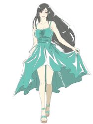  aqua_dress bare_arms bare_legs bare_shoulders black_hair breasts camo_niku clothes_lift collarbone commentary_request dress dress_lift earrings feet female final_fantasy final_fantasy_vii final_fantasy_vii_remake full_body jewelry long_hair looking_at_viewer medium_breasts parted_lips red_eyes sandals solo straight-on sundress tifa_lockhart toes twitter_username walking white_background 