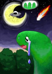  ambiguous_gender blue_sky bodily_fluids cloud comet crescent_moon crying dinosaur fangs feral fire flying_saucer green_body group hi_res leaf left_out mimill3 moon night plant prehistoric_species reptile sad scalie silhouette sky smile snot star tears teeth tree ufo wavy_mouth 